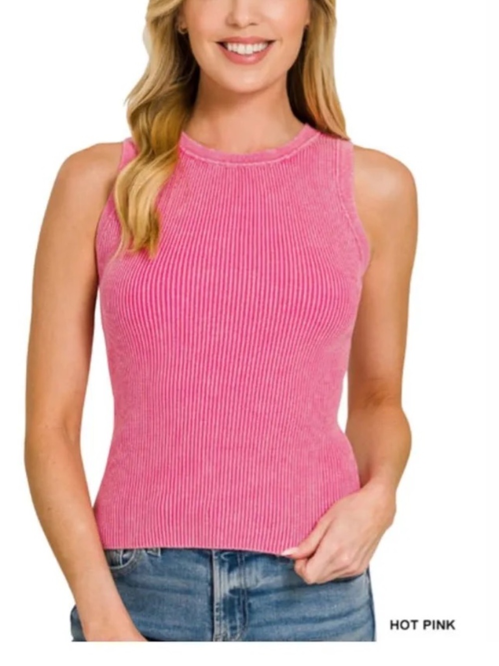 Zenana Pink Ribbed Sleeveless Tank Top